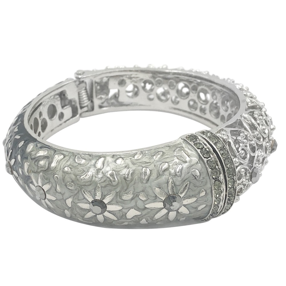 🔴 CLEARANCE Grey to Black Ombré Enamel Rhinestone Silver Hinged Bangle Bracelet